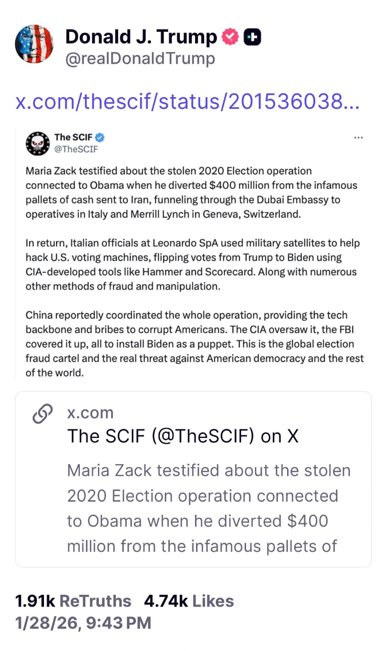 川普总统转发了SCIF的贴文，内容是有关2020年美国大选被盗一事，中共协调了整个行动，提供技术支持并贿赂腐败的美国政客。这是抓住了中共干预美国大选的实锤证据了！中共早就把某家族拖下水，当然是希望能被...