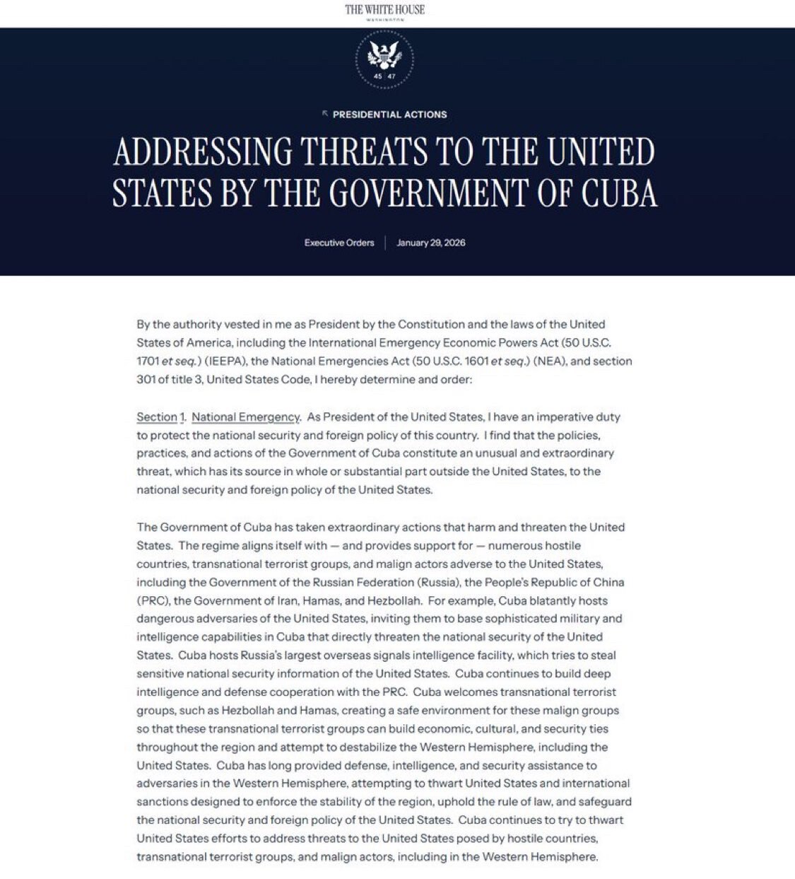 最新消息：特朗普签署行政命令，宣布古巴局势进入“国家紧急状态”，并将对向古巴供应石油的国家加征关税。