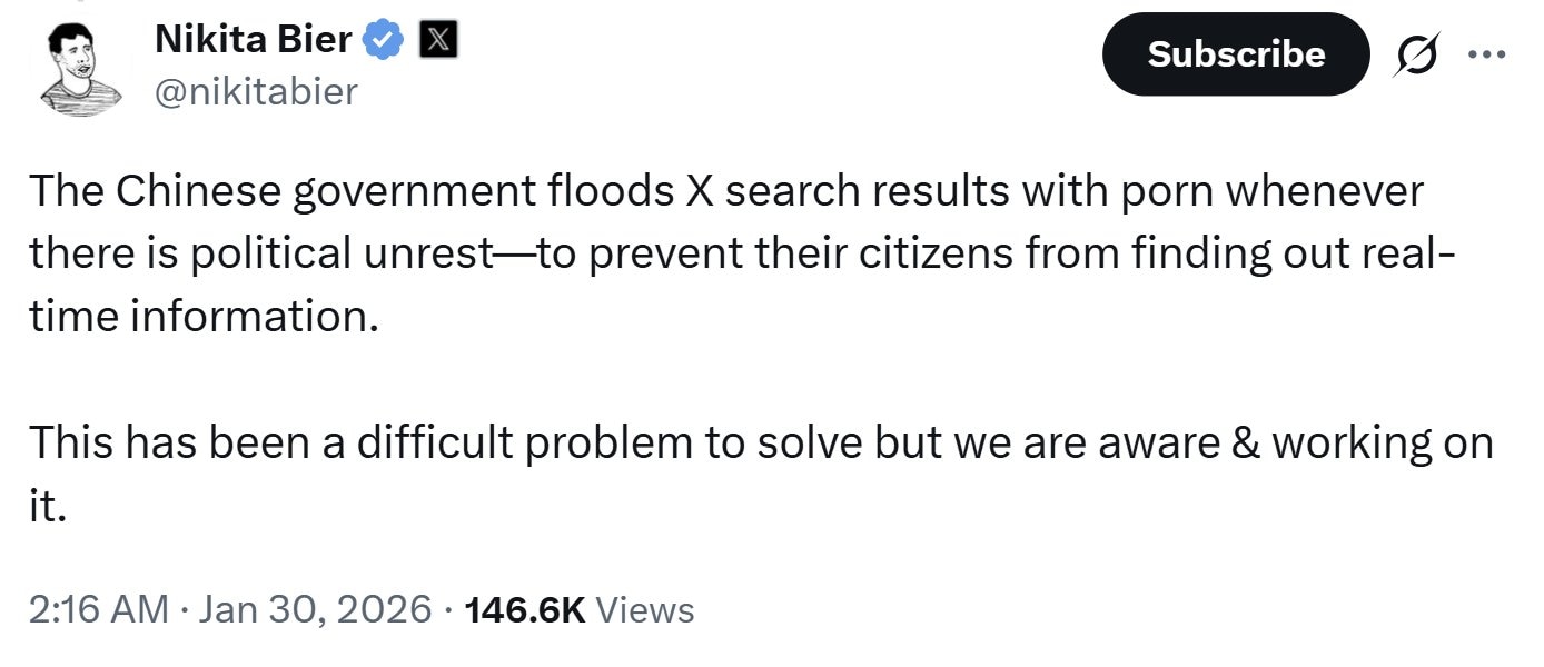 【美国之声】⚡⚡⚡2026年1月30日，X 产品主管尼基塔·比尔揭露：中共在政治动荡时会用色情内容“淹没” X 的搜索结果，刻意封锁真相、操控信息，以阻断民众获取即时资讯：

“中共国政府每当出现政治...