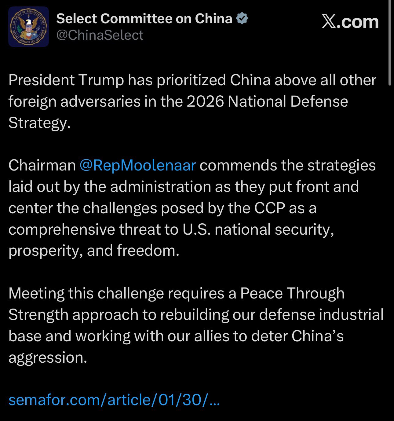 🚨💥重磅确认✅：美国正式将中国列为“头号系统性对手”【官方】

💥美国国会中国问题特别委员会，今日发布声明，明确指出：
中国已被正式确立为美国国防战略中的首要、系统性对手。

1️⃣ 🏛 战略...