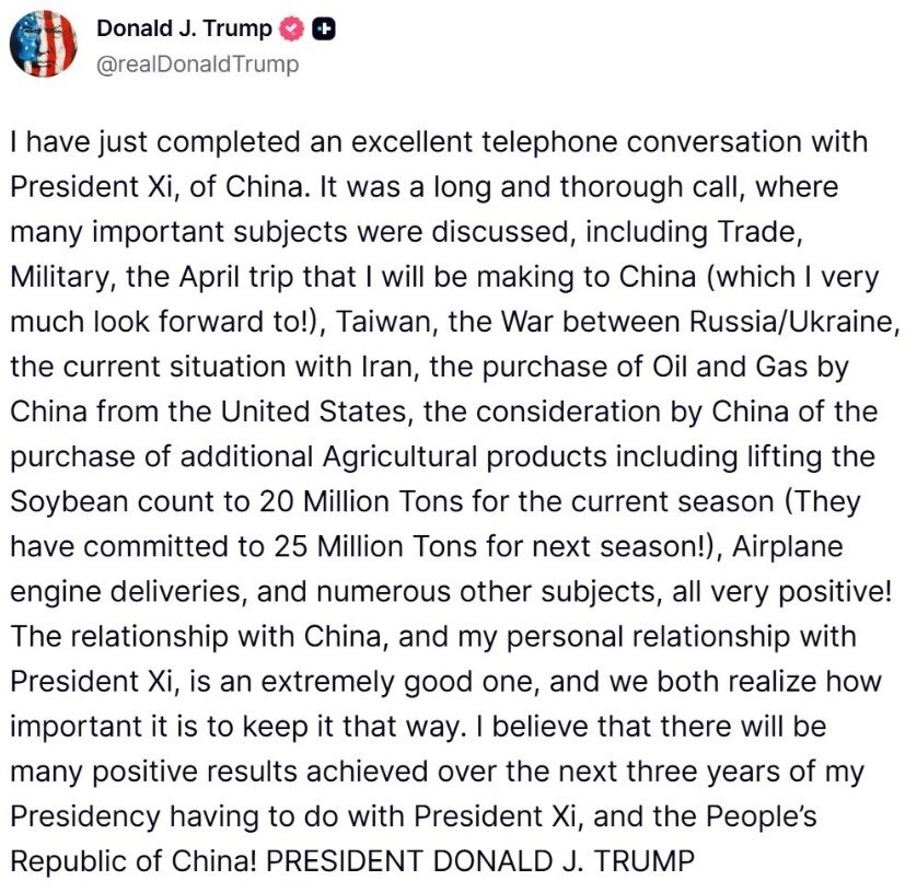 川普总统发文称“刚刚与中国国家主席习近平完成了一次极佳的电话交谈”

我刚刚与中国国家主席习近平完成了一次极佳的电话交谈。这是一次漫长而彻底的通话，我们讨论了许多重要议题，包括贸易、军事、我将于四月对...