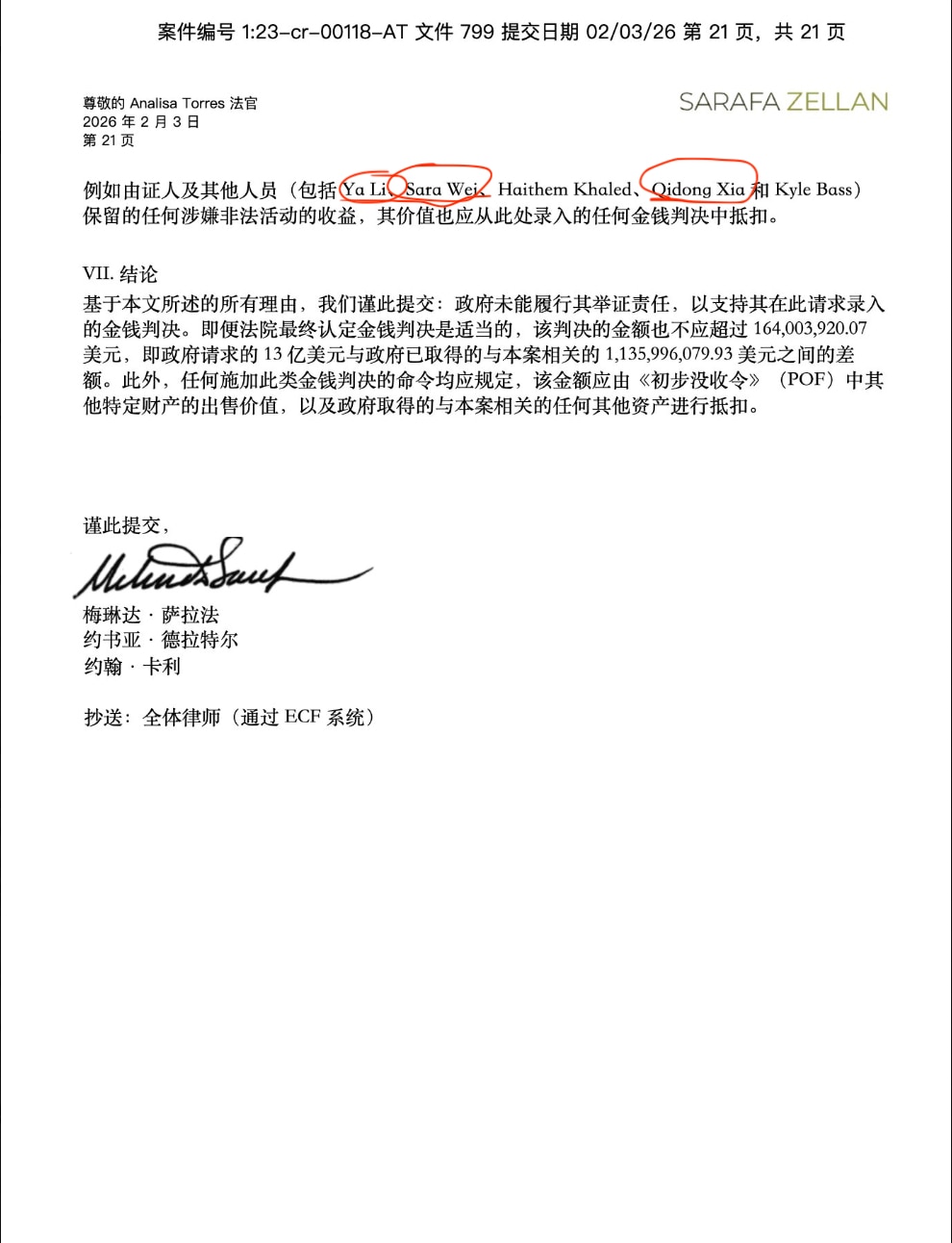 注意，799文件的最后一页，说李娅（木兰）、Sara Wei（魏丽红）、Qidong Xia（夏其东，长岛）等涉案的资金或收益，也要追回来抵扣（归还“受害人”）。

#七哥案件 #三票先生 
