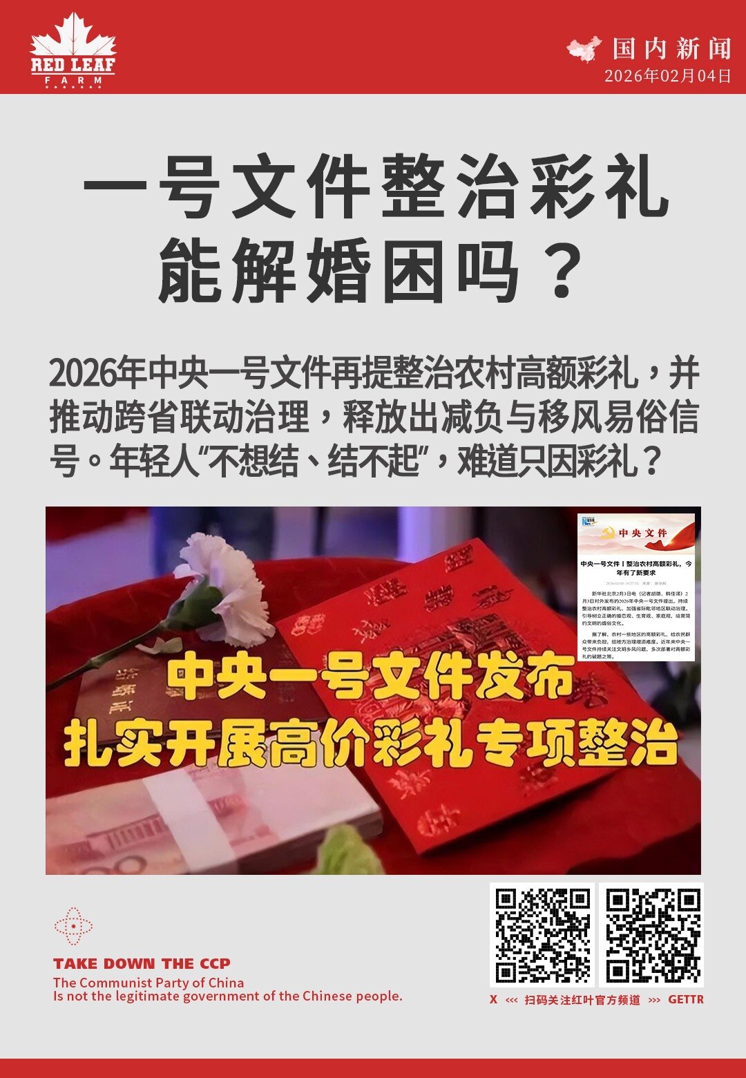 一号文件整治彩礼 能解婚困吗？

2026年中央一号文件再提整治农村高额彩礼，并推动跨省联动治理，释放出减负与移风易俗信号。年轻人“不想结、结不起”，难道只因彩礼？
#中央一号文件 #高额彩礼 #婚育...