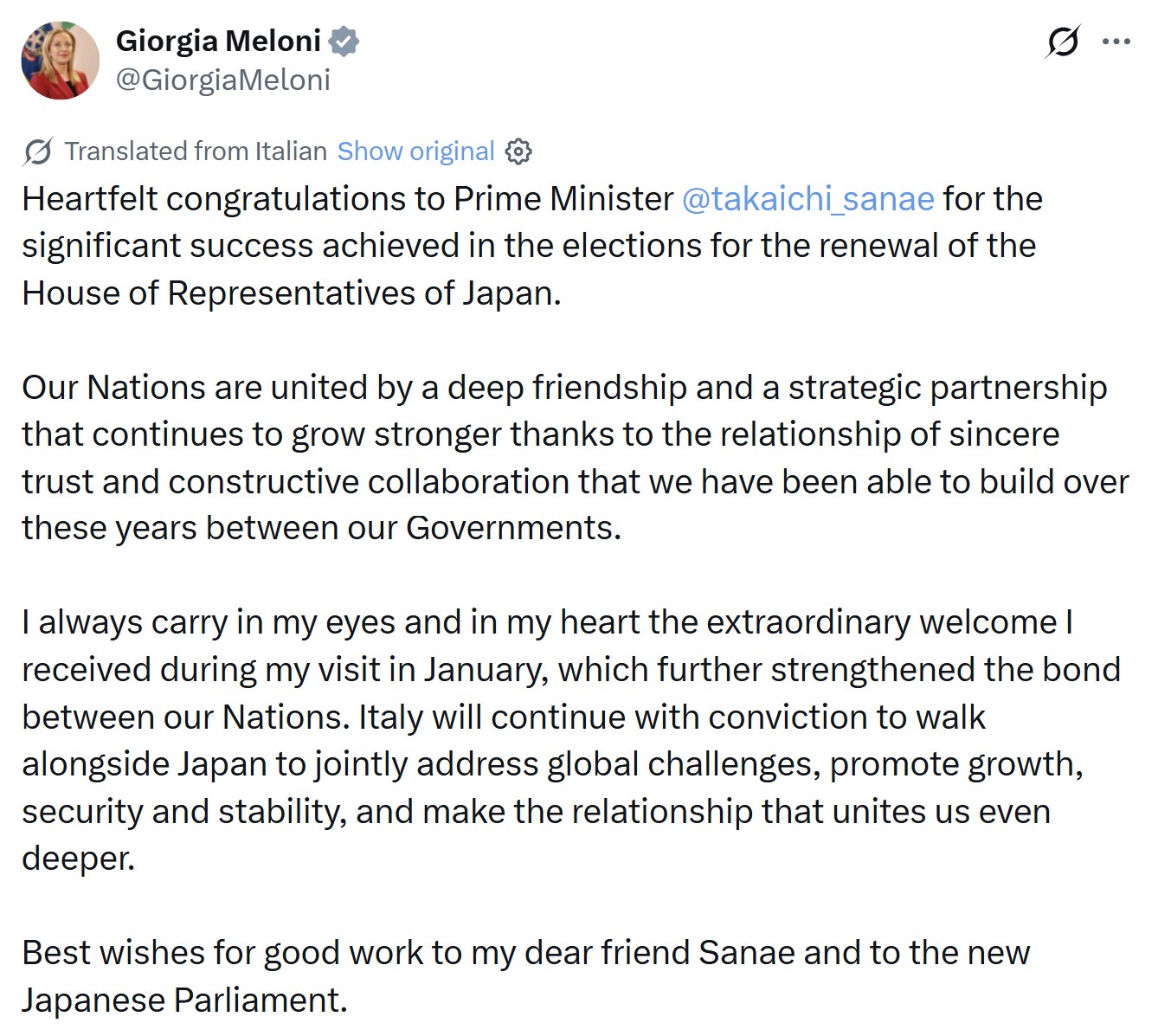 【美国之声——谁说女人之间没有友谊？！】美东时间2026年2月8日上午9:10，意大利总理乔治娅·梅洛尼（@GiorgiaMeloni）在其X帐号上发文，热烈祝贺日本首相高市早苗在众议院选举中取得压倒...