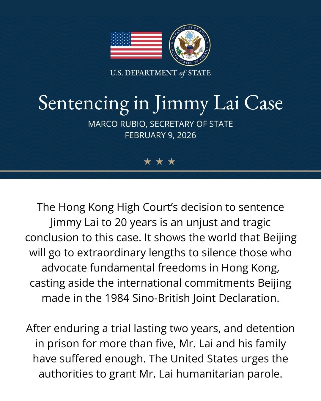 Feb. 9 — U.S. Secretary of State Marco Rubio issued a statement condemning the Hong Kong High Court’...