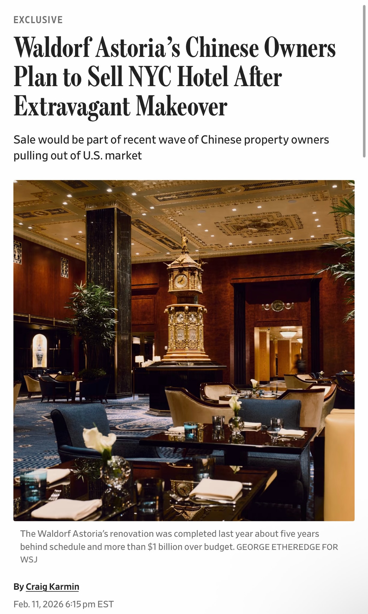 “The Chinese owners of the famed Waldorf Astoria in New York City are preparing to put the hotel up ...