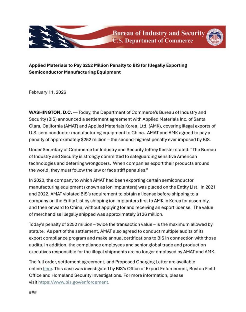 美国的半导体制造设备供应商AMAT，2020年为了绕过美国对中芯国际的出口禁令，把离子注入机零部件送到韩国分公司去组装成整机往中国出口，总金额1.26亿美元

不多不少，正好两倍罚款