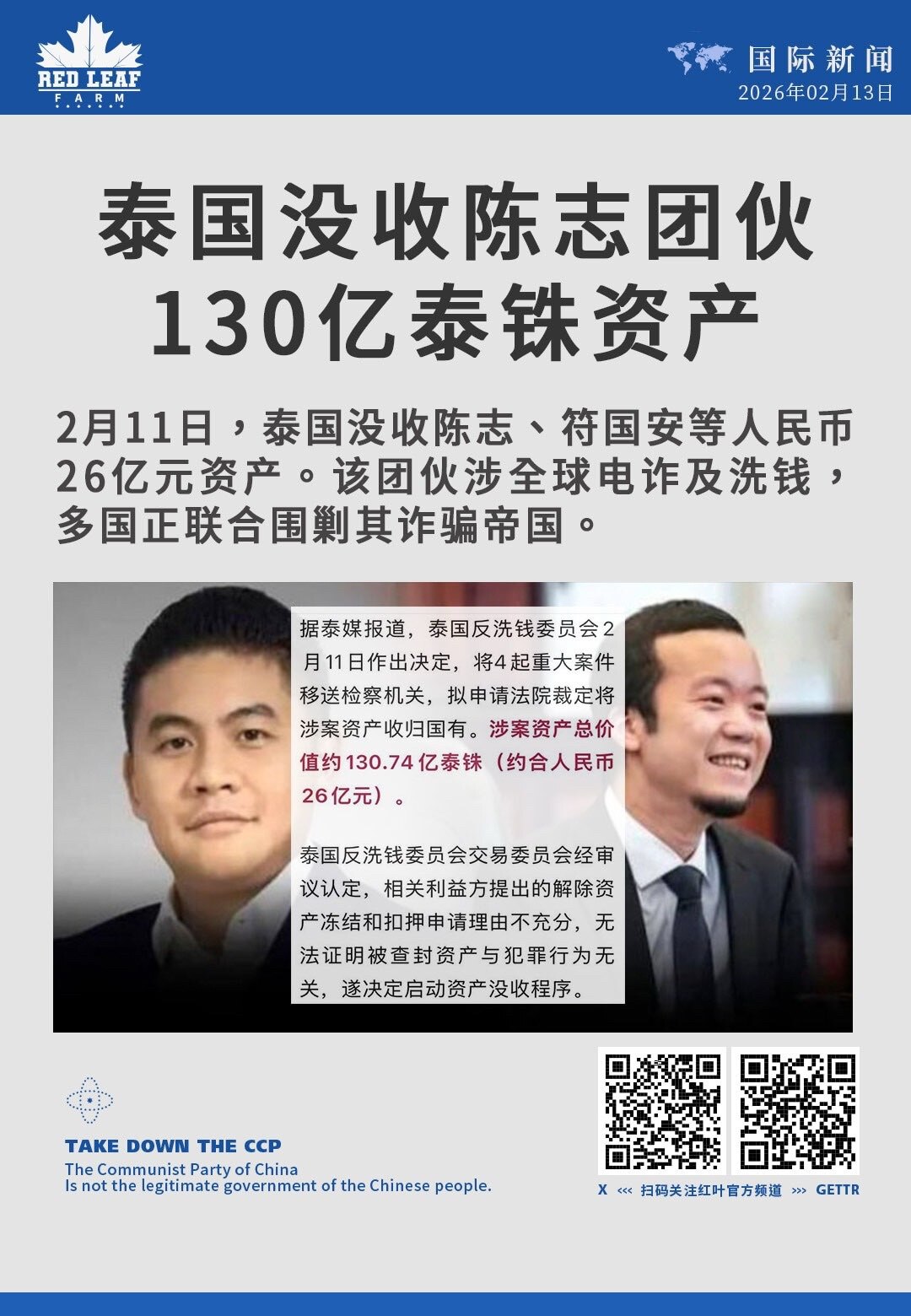 泰国没收陈志团伙130亿泰铢资产

2月11日，泰国没收陈志、符国安等人民币26亿元资产。该团伙涉全球电诈及洗钱，多国正联合围剿其诈骗帝国。

#泰国 #没收资产 #陈志洗钱案 #泰国反洗钱委员会 #...