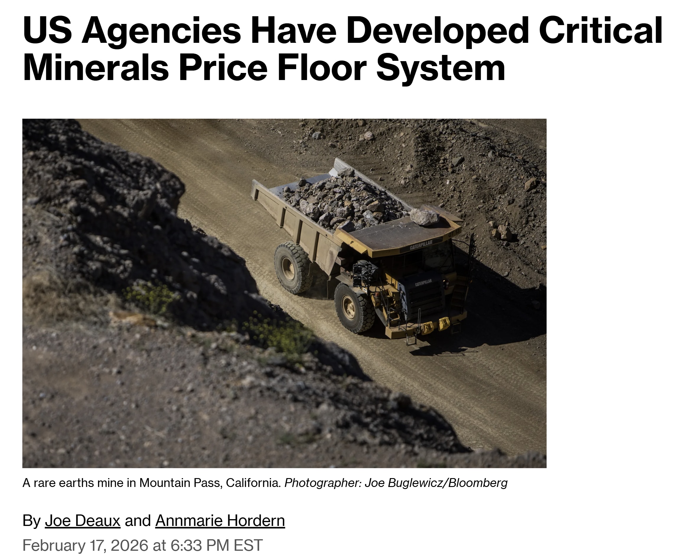 【美国之声——美國已建立关键矿产最低价格保障机制，以减少对中共国的依赖】2026年2月17日《彭博》：

美国已经建立了一套关键矿产最低价格保障机制，以减少对中共国在国家安全关键资源方面的依赖。

这...