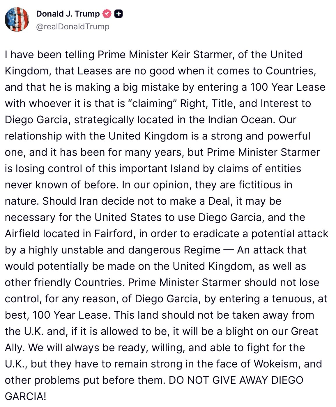 President Trump is again warning against the UK’s plan to transfer the Chagos Islands to Mauritius, ...