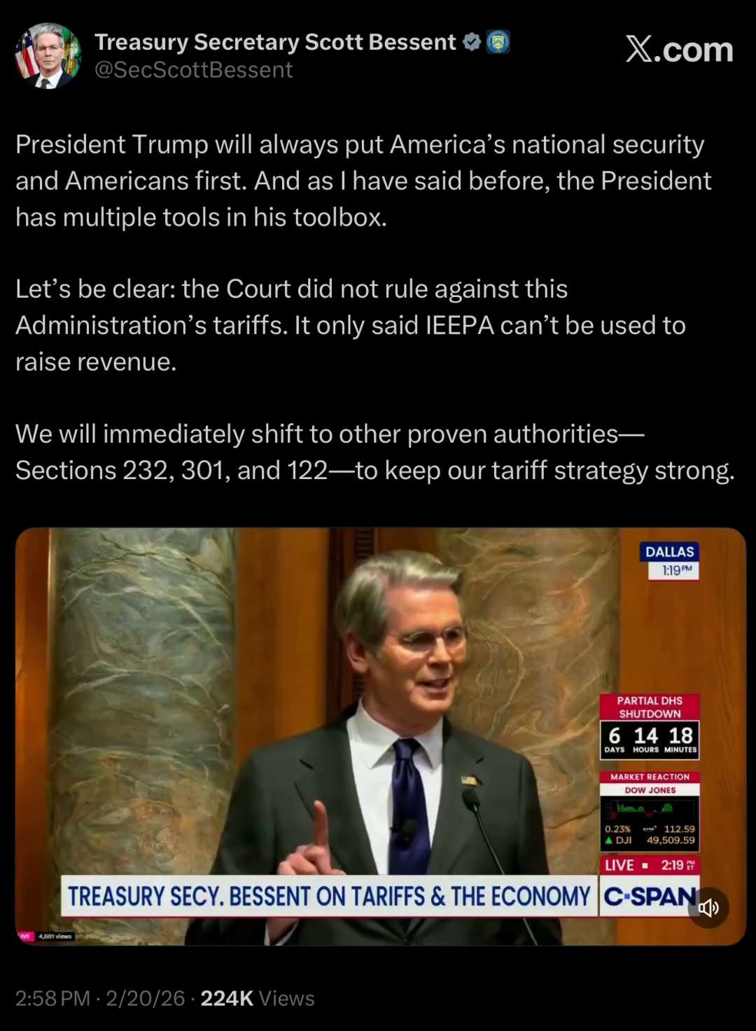 SEC. BESSENT: Let’s be clear: the Court did not rule against this Administration’s tariffs. It only ...