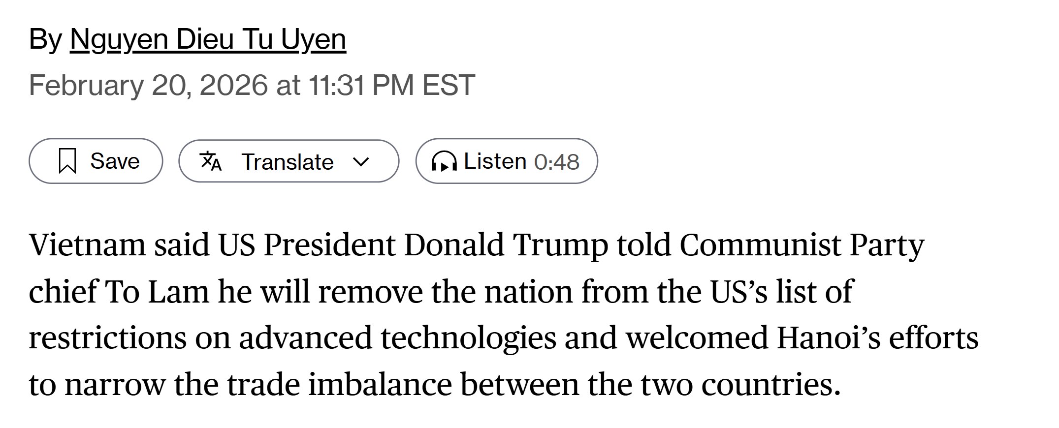【美国之声--美将把越南移出对先进技术的限制名单】2026年2月20日《彭博》：

越南政府表示，川普总统已告知越共中央总书记苏林（To Lam），美方将把越南移出对先进技术的限制名单，并欢迎河内为缩...