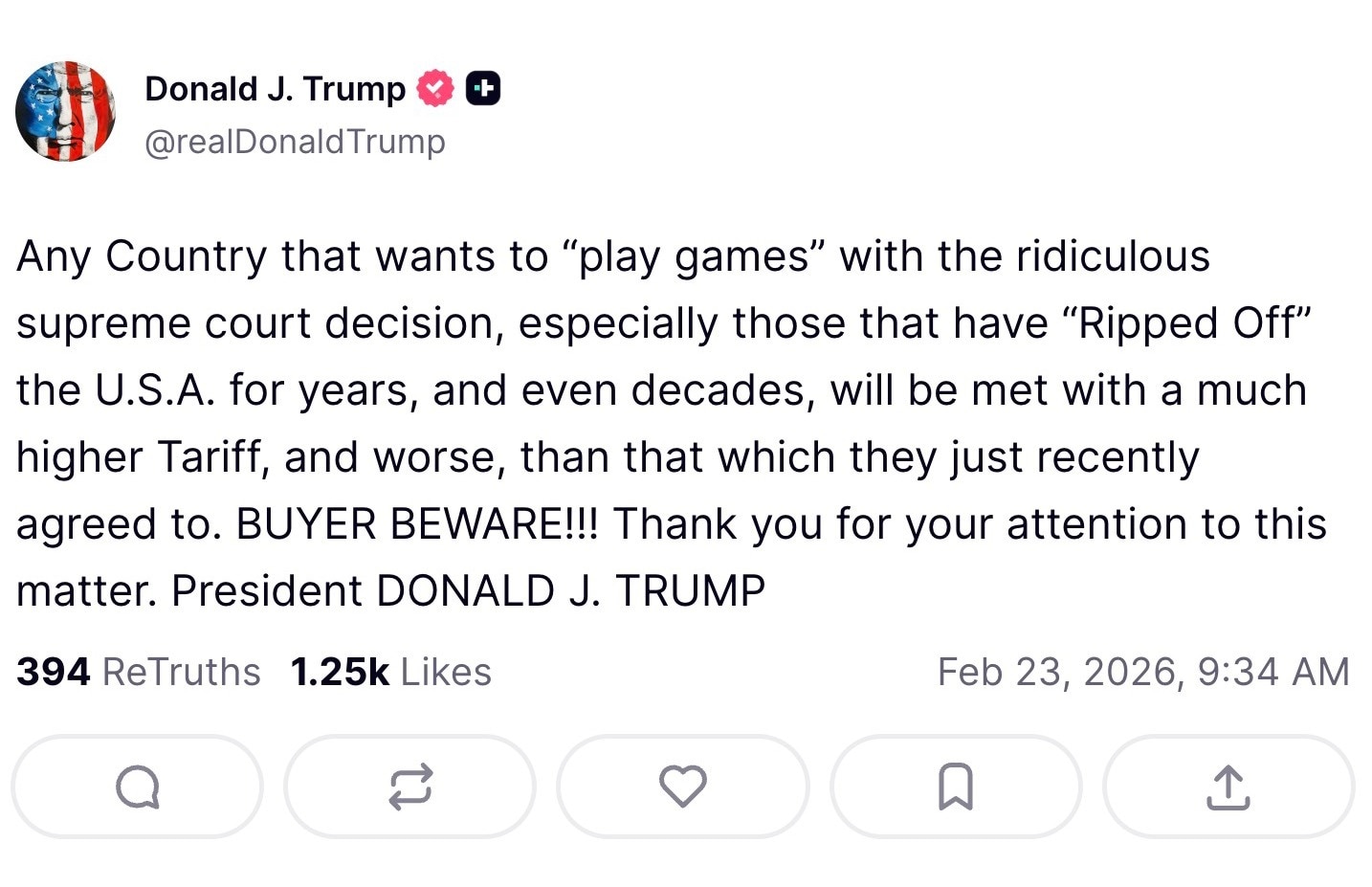 JUST IN - President Trump just posts: Any Country that wants to “play games” with the ridiculous sup...