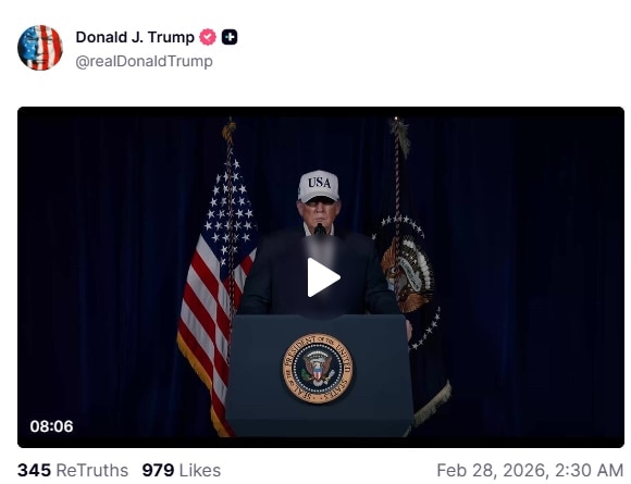 川普总统2月28日凌晨2:30在真相媒体上发布视频演讲，宣布对伊朗发动军事打击，喊话伊朗伊斯兰革命卫队成员、武装部队军人及全体警察，放下武器即可获得豁免，并号召伊朗人民起来接管政府：这可能是你们几代人...