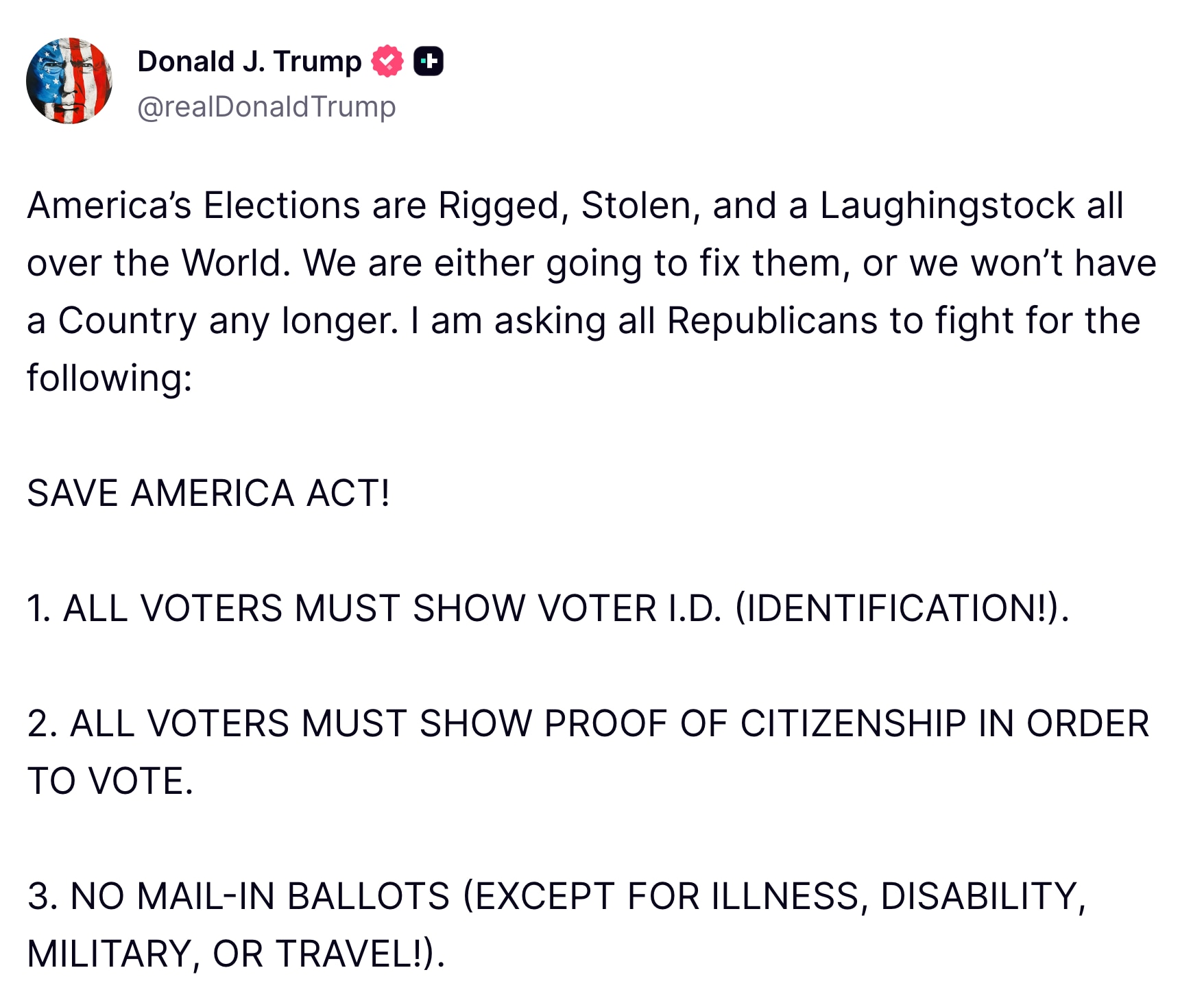 President Donald Trump on Monday called for passage of a “Save America Act,” urging voter ID require...