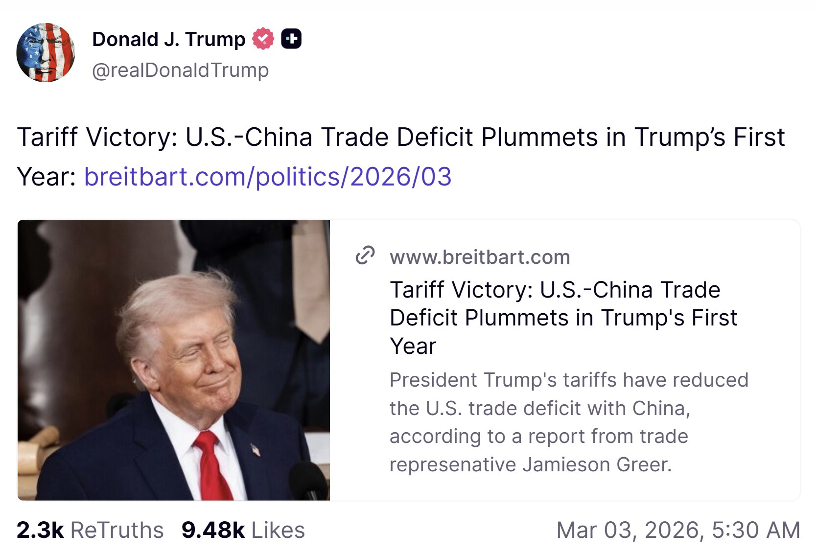 【美国之声--关税大捷：美中贸易逆差在川普执政第一年大幅缩减】2026年3月3日川普总统转发Breitbart的发文（链接在下面）：

川普总统的关税政策已有效压缩美国对中贸易逆差，使中共国自2000...