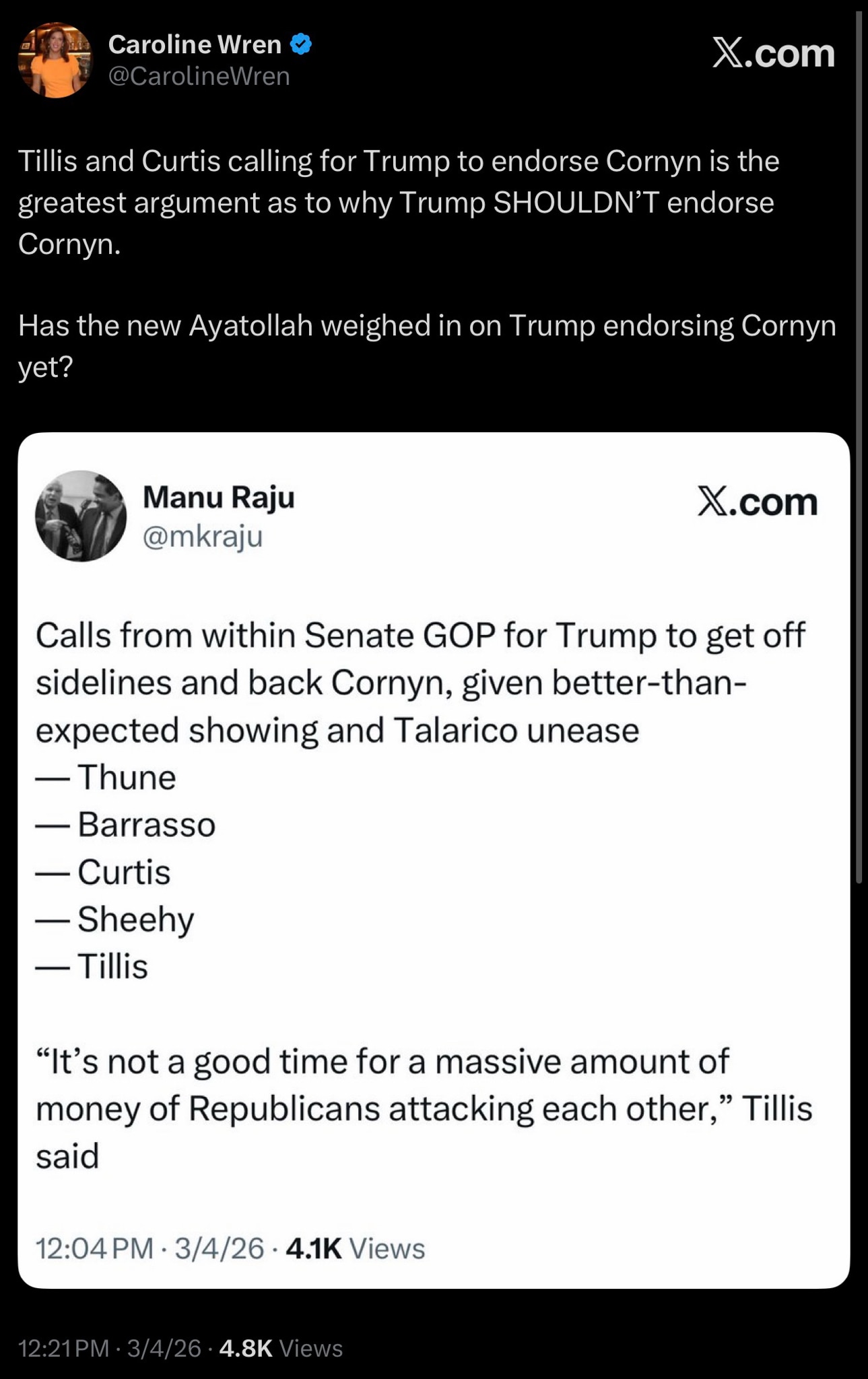 WREN: Tillis and Curtis calling for Trump to endorse Cornyn is the greatest argument as to why Trump...