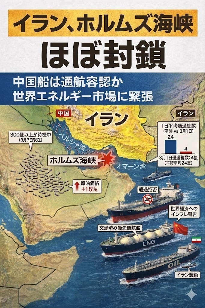 イラン、ホルムズ海峡を封鎖 中国船の通行は容認か

【3月7日】ロイター通信によると、米国・イスラエルとイランの軍事衝突が拡大する中、中国はイラン側と協議し、自国の原油タンカーやカタール産液化天然ガス...