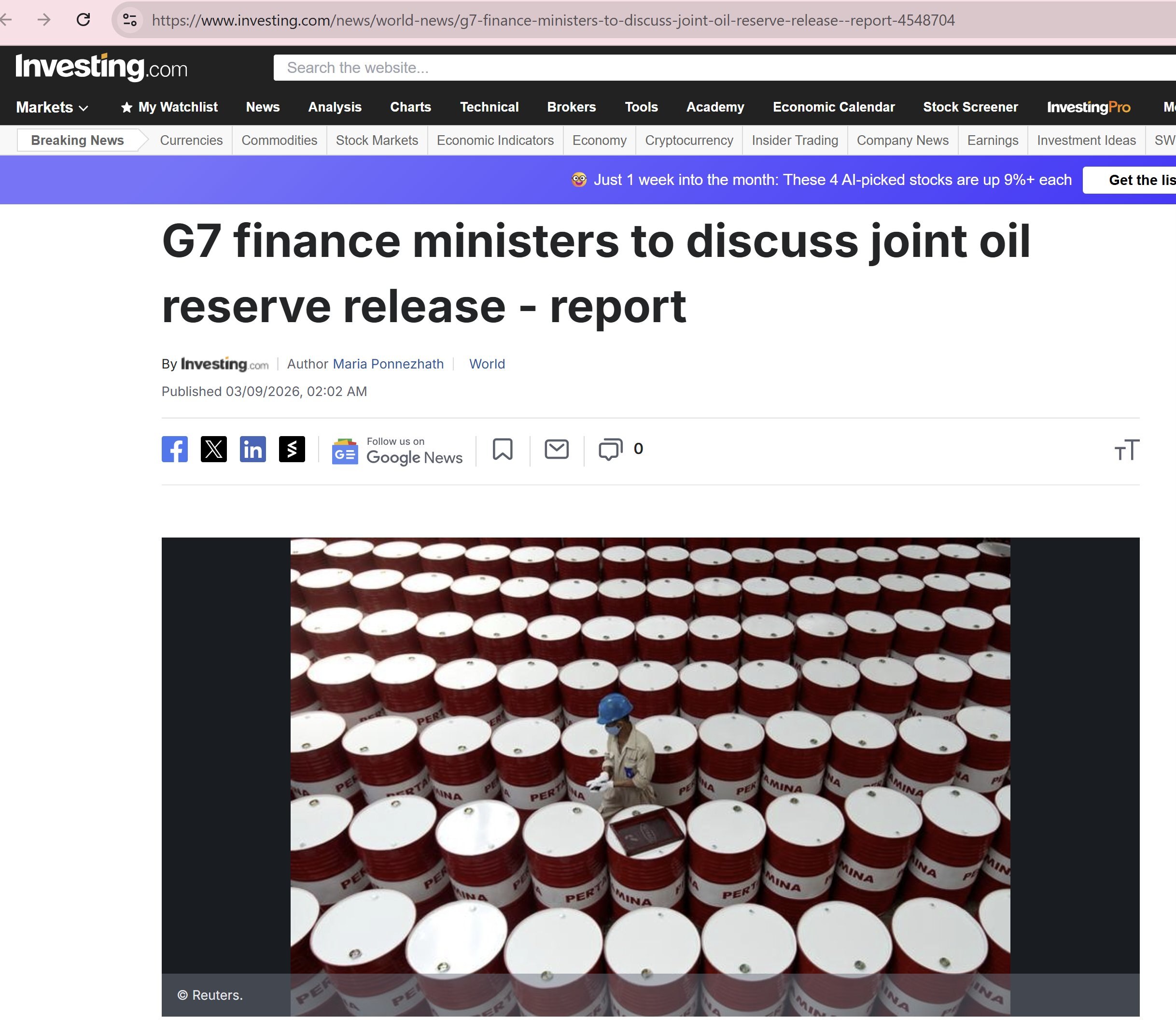 【美国之声--G7将讨论共同释放紧急原油储备】2026年3月9日investing.com 转述《金融时报》：

随着海湾冲突导致油价飙升，G7财长将于3月9日（周一）举行紧急会议，讨论可能由国际能源...