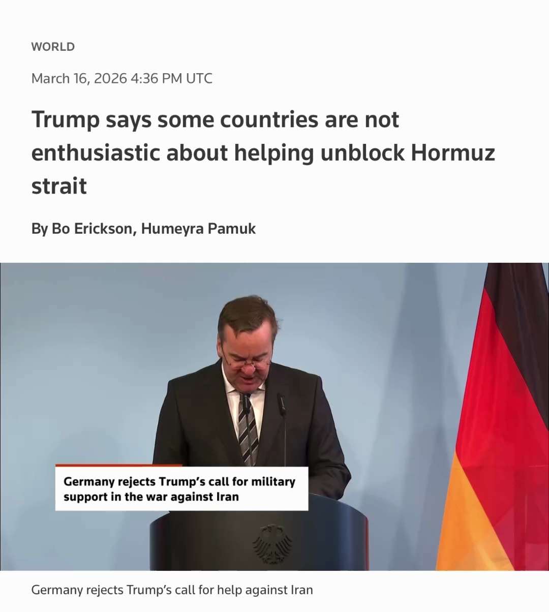 “PresidentDonald Trump on Monday repeated his call to nations ‌to help unblock the Strait of Hormuz,...