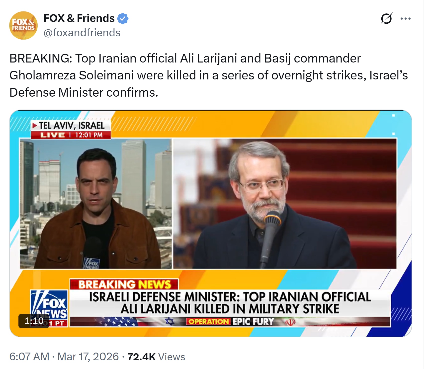 【美国之声】2026年3月17日以色列国防部长证实，在一系列夜间袭击中，伊朗最高国家安全委员会秘书长阿里·拉里贾尼和“巴斯基”（Basij）指挥官戈拉姆雷扎·苏莱曼尼被打死，距3月4日以色列发出格杀令...