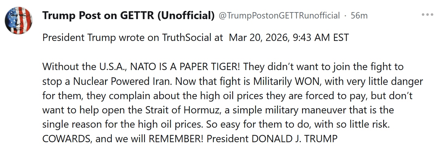 【美国之声--“北约就是纸老虎”】2026年3月20日 川普总统：

没有美国的话，北约就是纸老虎！

当初他们不愿加入阻止伊朗具备核武能力的战斗。

现在这场战斗在军事上已经胜利，对他们几乎没有危险...