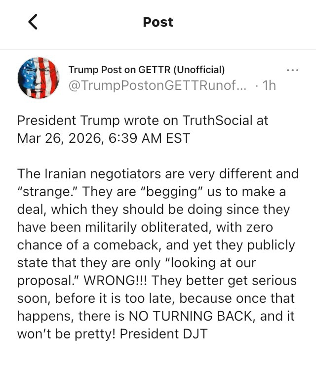 川普警告伊朗如果不好好考虑美国提出的停战条款，就没有回头路，并且会很不好看。

川普对伊朗内部极限施压，如果顽固的伊斯兰革命卫队还有力量，伊朗的罗德里格斯出不来。伊斯兰革命卫队的背后是中共在支持，老习...