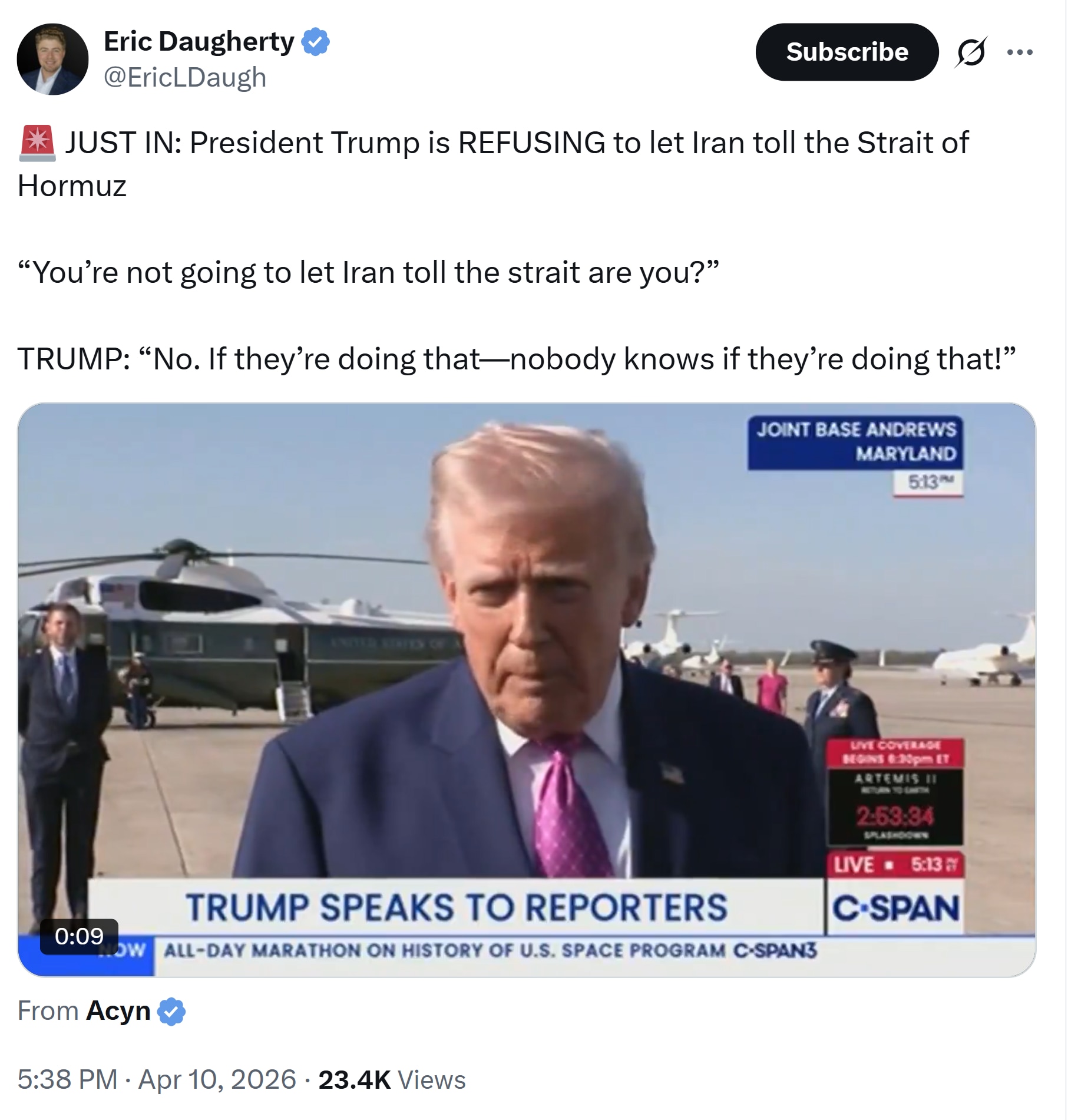 【美国之声】2026年4月10日川普总统：不会允许伊朗对霍尔木兹海峡收过路费，那是公海。

#霍尔木兹海峡 #过路费 #美国之声
