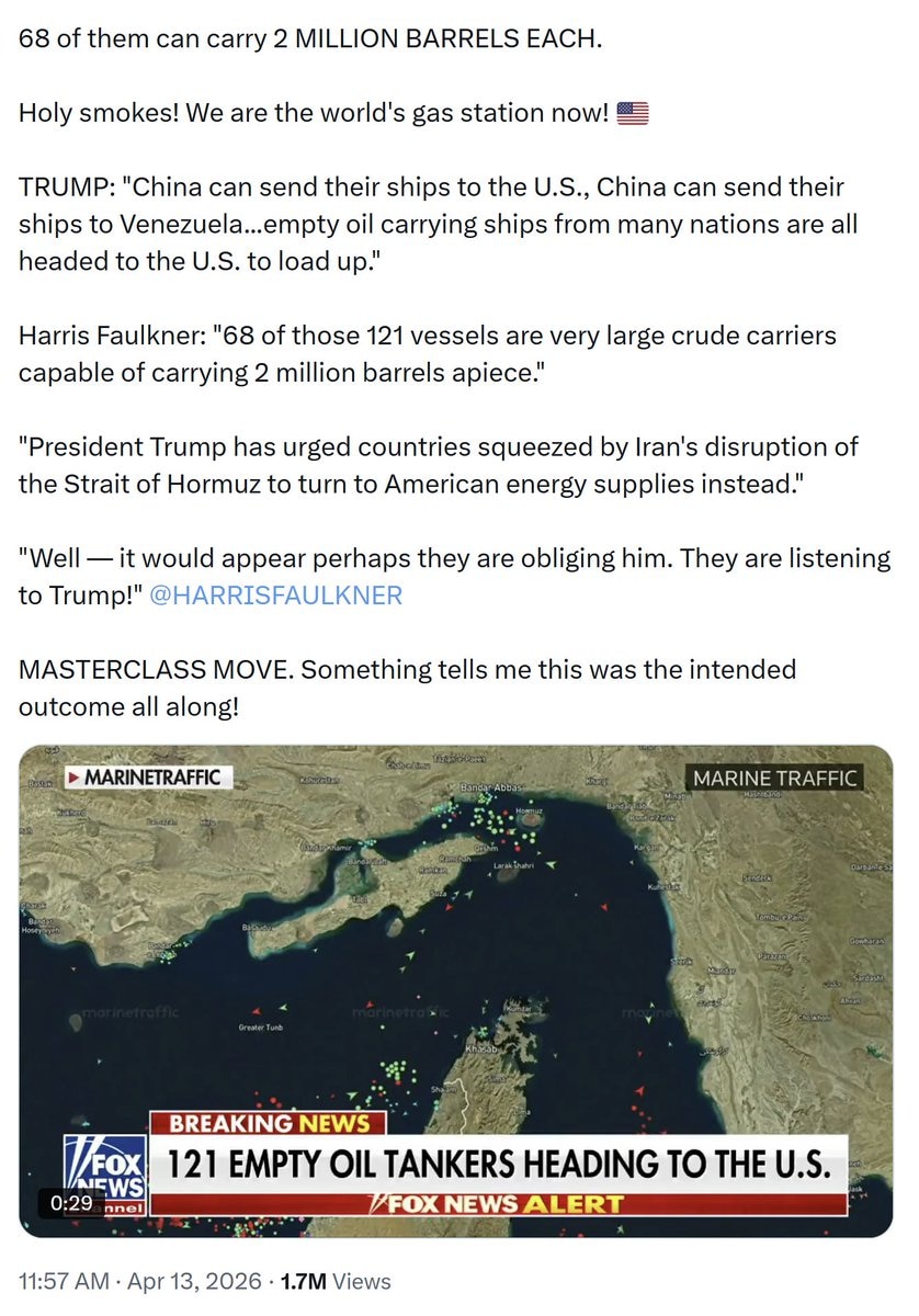 【美国之声——美国成了世界加油站】2026年4月13日来自 X 的 @EricLDaugh
 ：

目前至少有121艘空油轮正前往美国购油。其中有68艘属于超大型油轮（VLCC），每艘可装载200万桶...