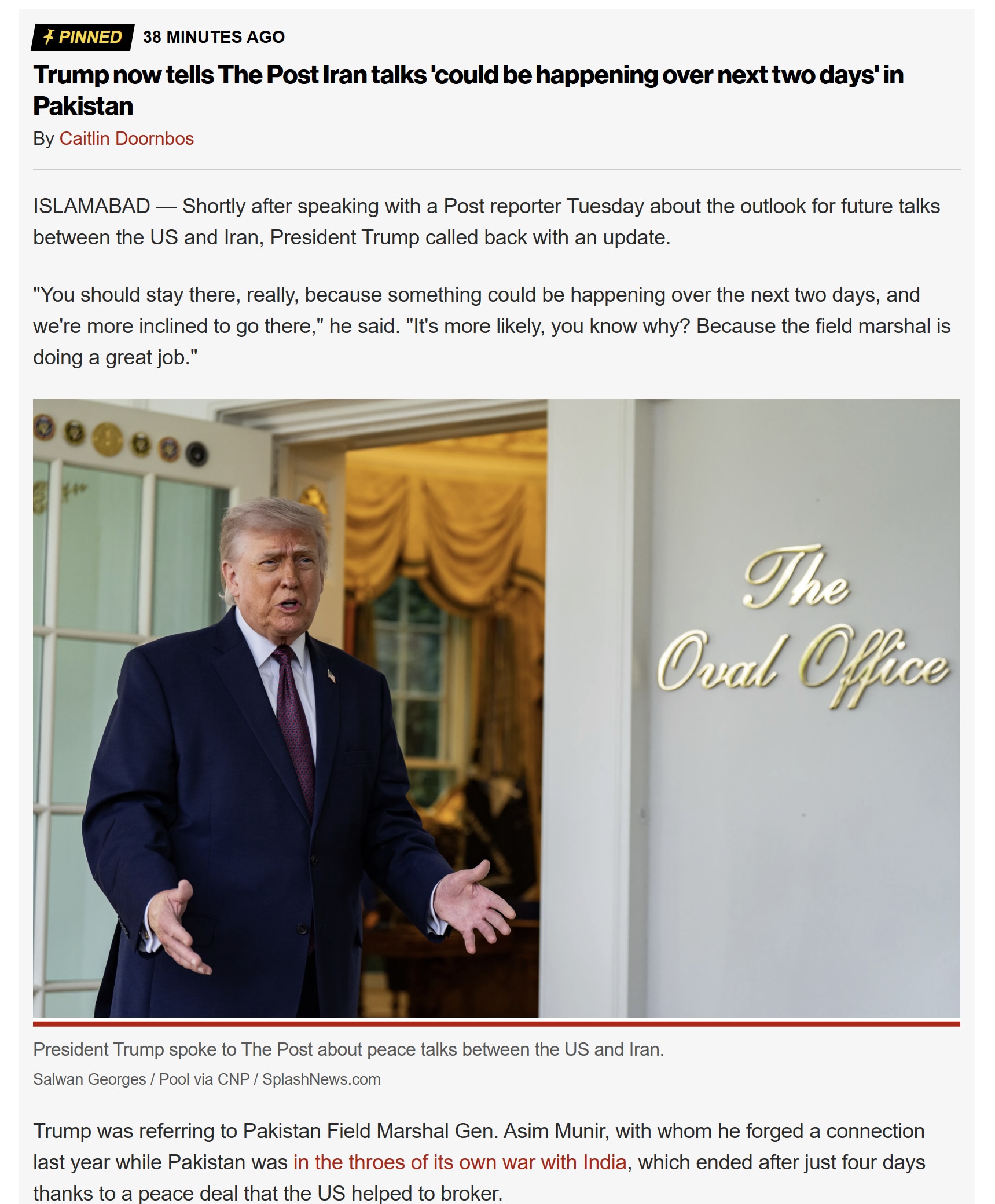 【美国之声】2026年4月14日川普总统对《华盛顿邮报》表示：

美伊谈判在未来两天内可能出现新进展，美方更倾向于前往伊斯兰堡继续推进相关会谈，并称巴基斯坦陆军元帅在其中发挥了关键协调作用。

#美伊...