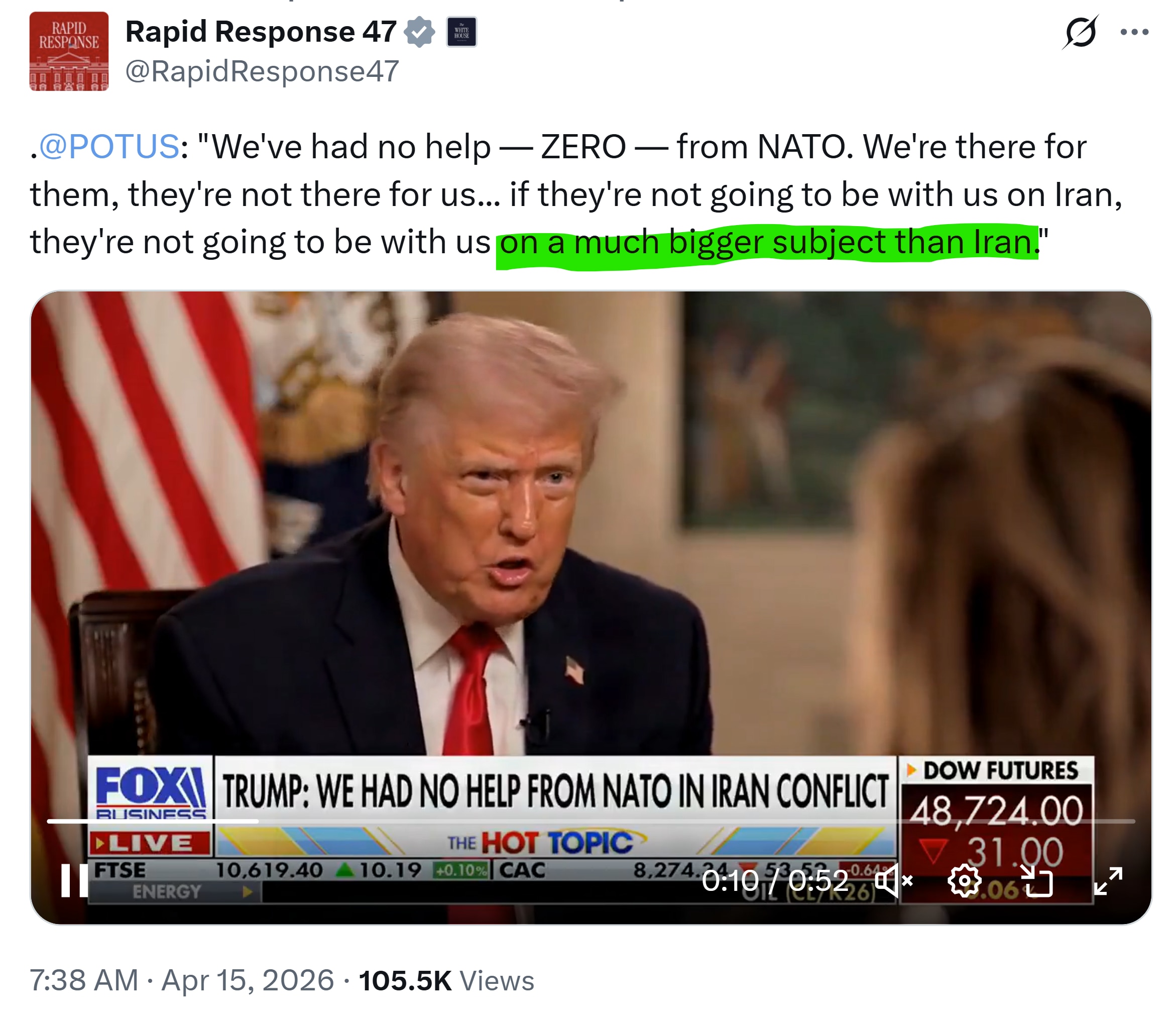 【美国之声——什么是“比伊朗更重大的问题”？】2026年4月15日川普总统：

我们从 NATO 那里没有得到任何帮助——零帮助。我们一直在为他们出力，但他们却没有为我们出力……如果他们在伊朗问题上不...