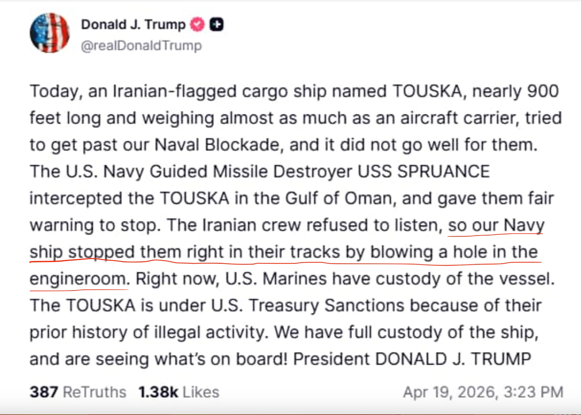 美国拦截一艘悬挂伊朗国旗的货船，船员不听指令，美军在伊朗船只的机舱炸了一个洞，控制了船只。伊朗表示抗议并扬言要报复，但尚未有实际行动。

尽管伊朗表示不参加第二轮谈判，美国还是会派万斯率领代表团前往伊...