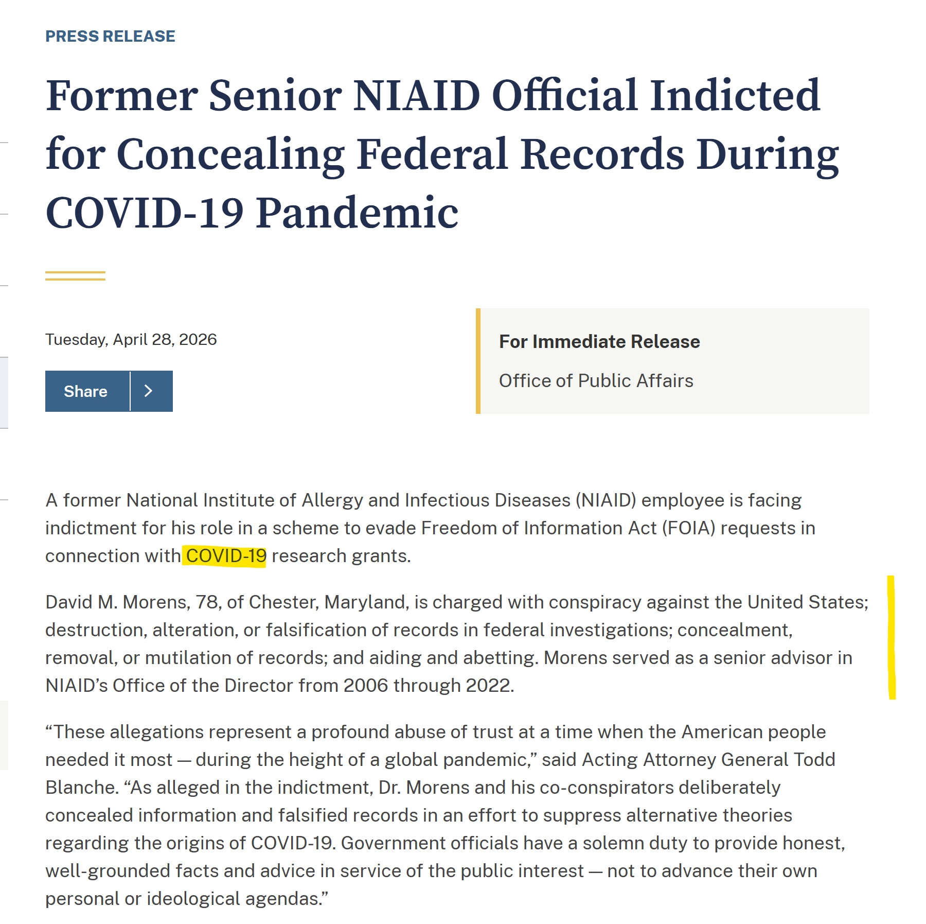 【美国之声】2026年4月28日，美国司法部起诉曾任福奇高级顾问的大卫·莫仁慈（David Morens），罪名涉及掩盖与COVID起源调查有关的重要记录。具体指控包括： 

1. 共谋危害美国；
2...