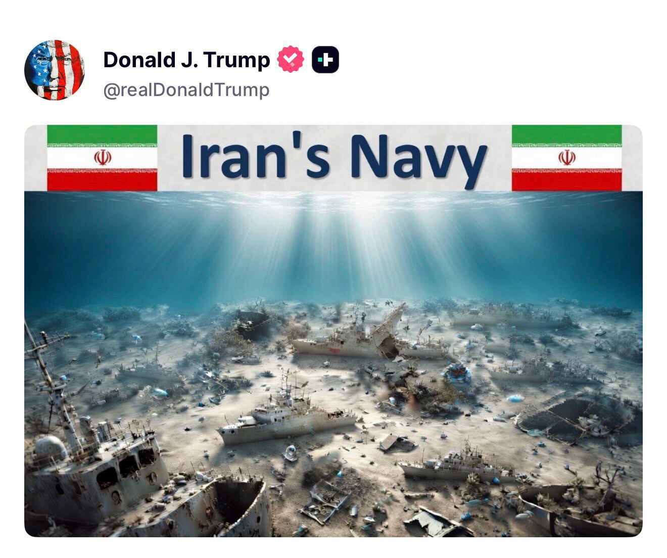 🚨Trump posted a picture of the Iranian Navy. 

Sunk!