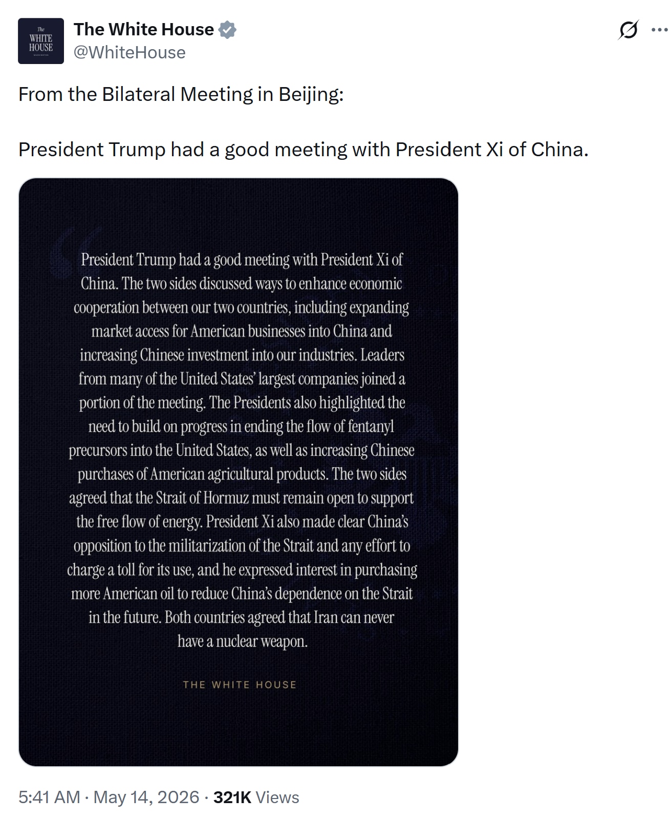 【美国之声——峰会尚未散，记录已不同】2026年5月14日美中就两国元首会谈内容的记录有不同：白宫只字未提台湾问题；中共也未提芬太尼、伊朗核武器及霍尔木兹问题，对后者，仅一句"交换了意见"（言下之意：...