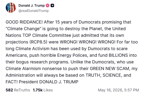 【美国之声—联合国最高气候委员会刚刚承认，他们自己的预测模型（RCP8.5）彻底错了！错了！错了！】川普总统5月16日发文：

“滚蛋吧！在建制派“笨蛋民主党”连续15年承诺“气候变化”将摧毁地球之后...