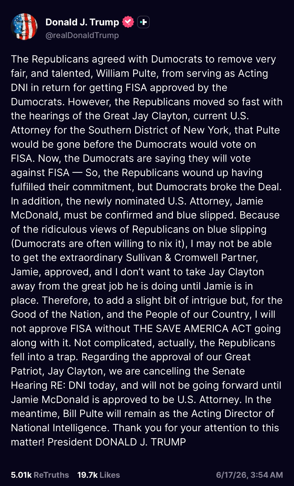 Thank You WarRoom Posse for Your Attention to This Matter

https://truthsocial.com/@realDonaldTrump/...