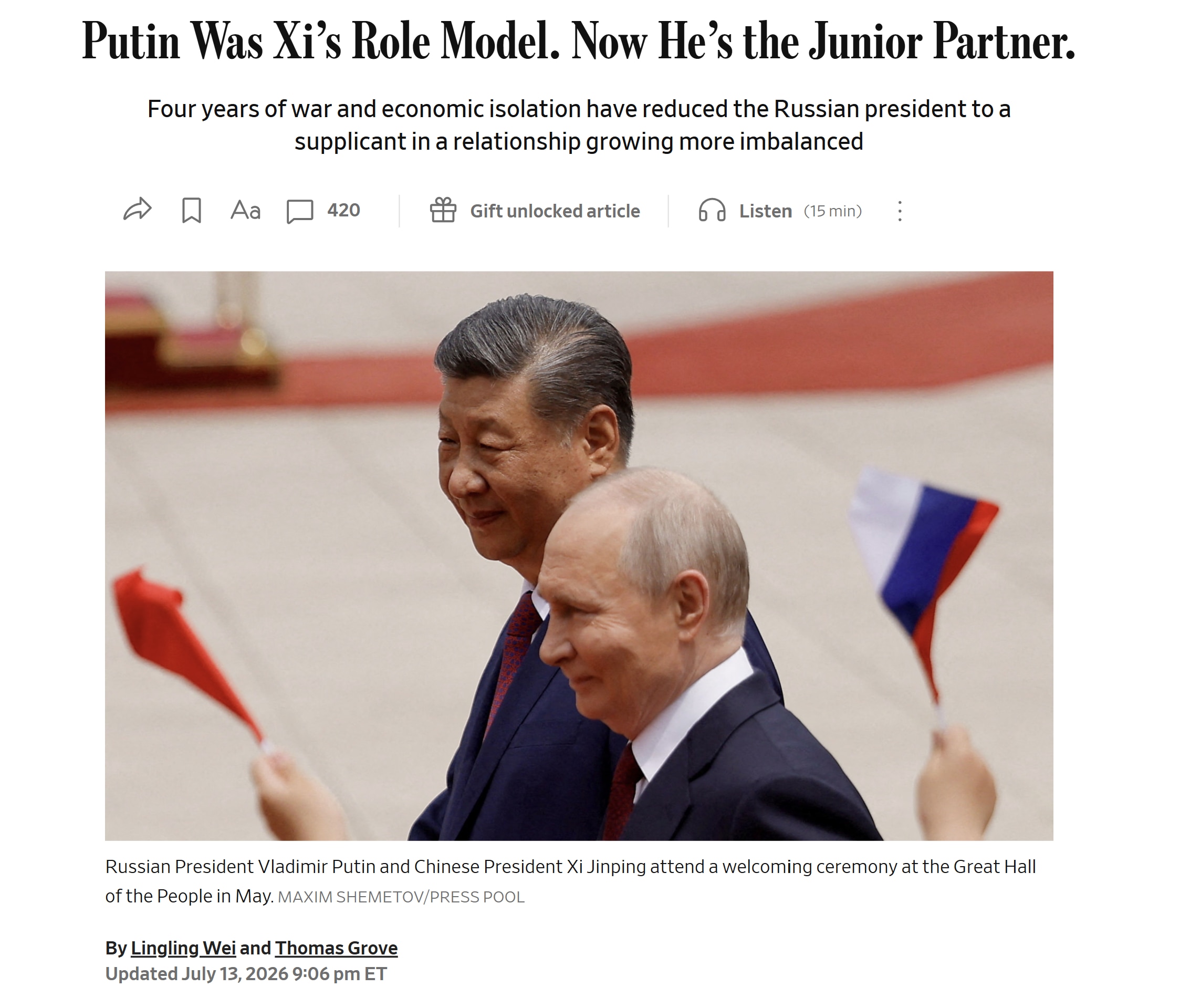 【美国之声】2026年7月13日《华尔街日报》：普京曾是习近平的“榜样”，如今在俄中关系中已沦为“小弟”（Junior Partner）。

四年的乌克兰战争与西方制裁，让俄罗斯经济孤立，极度依赖中共...