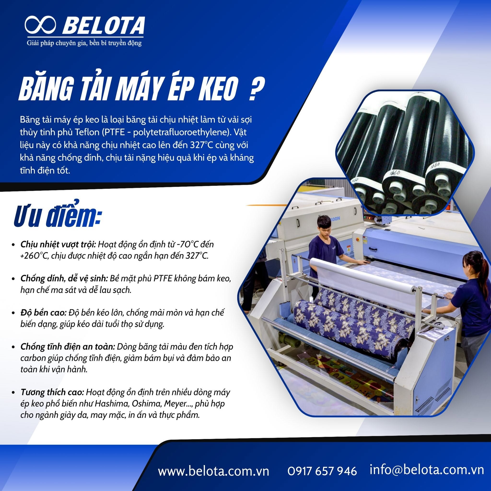 Băng tải máy ép keo PTFE - Giải pháp chịu nhiệt cho máy ép mex ngành may mặc

Trong ngành may mặc, d...