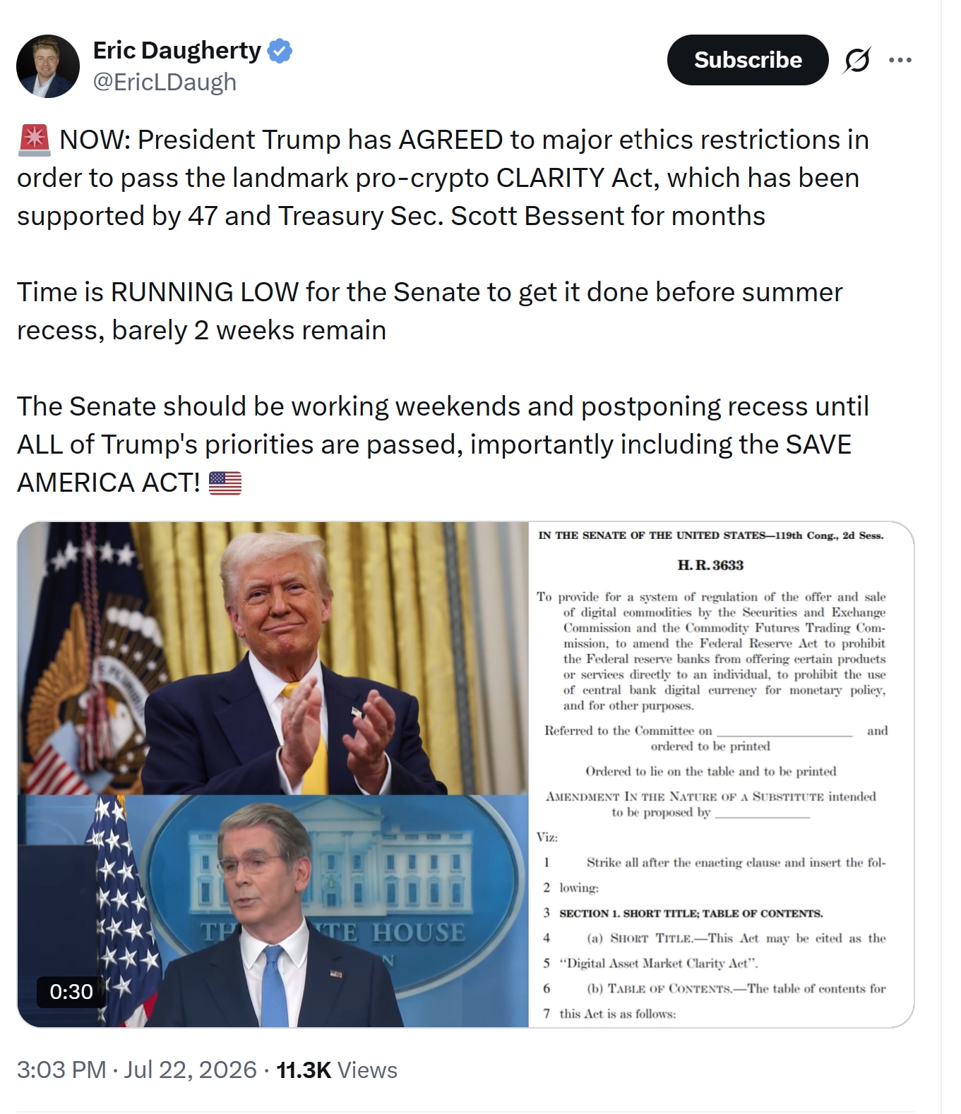【美国之声】2026年7月22日，川普总统已同意在《清晰法案》（CLARITY Act， 或Digital Asset Market Clarity Act，数位资产市场清晰法）中加入严格的伦理规定（...
