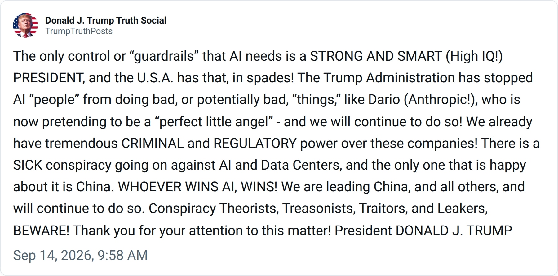 The only control or “guardrails” that AI needs is a STRONG AND SMART (High IQ!) PRESIDENT, and the U...