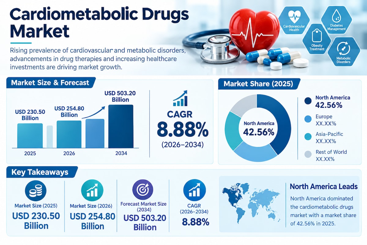 CardioMetabolic Drugs Market Analysis 2026 to 2034
North America held a 42.56% share of the Cardiome...