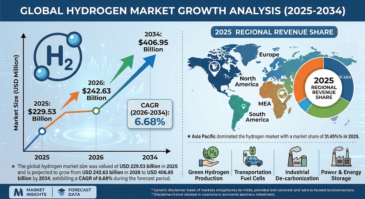 Global Hydrogen Market to Reach USD 406.95 Billion by 2034 at 6.68% CAGR

The global hydrogen market...