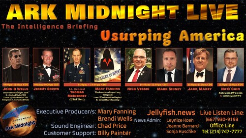 #ArkMidnight Tonight
Topic: The Intelligence Briefing 
/Usurping America
9pm-12am CDT

Lineup: 
• Jeremy Brown
• Lt. Gen. Thomas McInerney (USAF Ret.)
• Mary Fanning
• Nick Vessio
• Mark Sidney
• Jack Maxey
• Nate Cain  

Listen Links:
AM/FM Radio
https://arkmidnight.com/stations/
ZuTalk
https://zutalk.com/ (live & archives)
OPSLENS
https://opslens.com/opslenstv/caravan-to-midnight
Speak Free Radio 
https://speakfreeradio.com/
Twitch
https://www.twitch.tv/caravantomidnight
CloutHub
https://tinyurl.com/CHubJBW
Gettr
https://gettr.com/user/cdmedia
Rumble
https://rumble.com/c/JohnBWellsLive
YouTube
https://www.youtube.com/c/JohnBWells