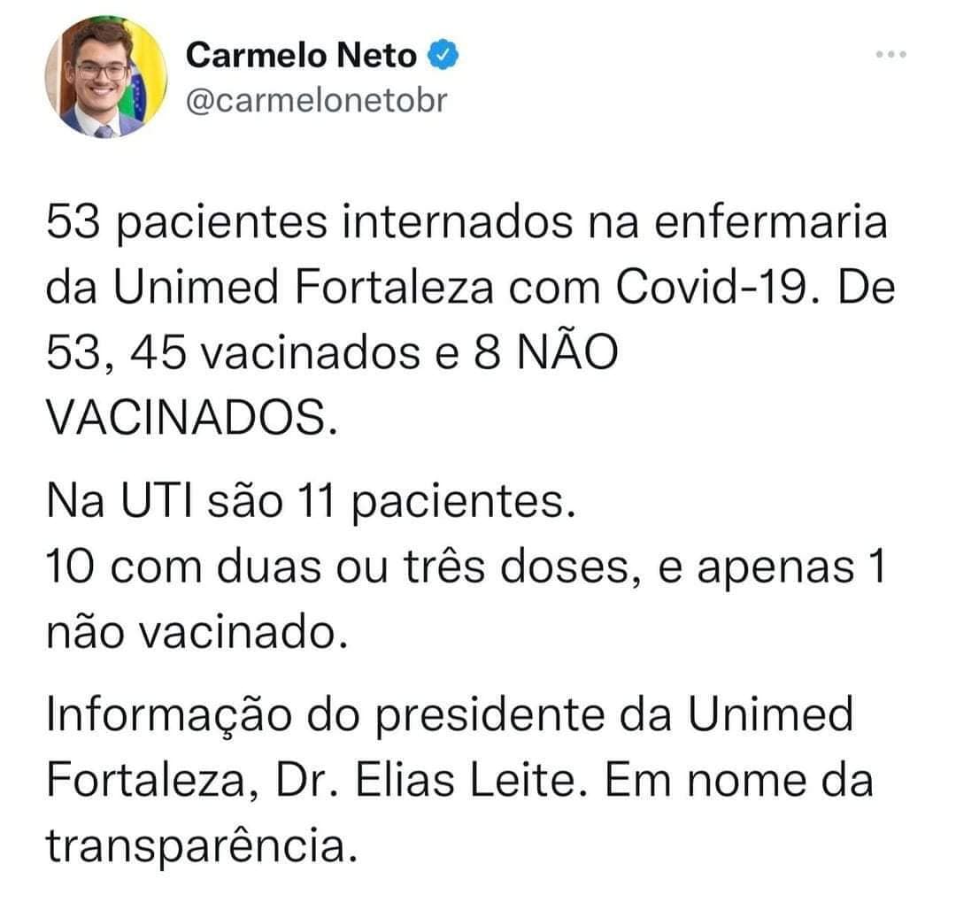 Esse quadro é na Unimed Fortaleza. 99% vacinados na UTI, 1% Não vacinados .