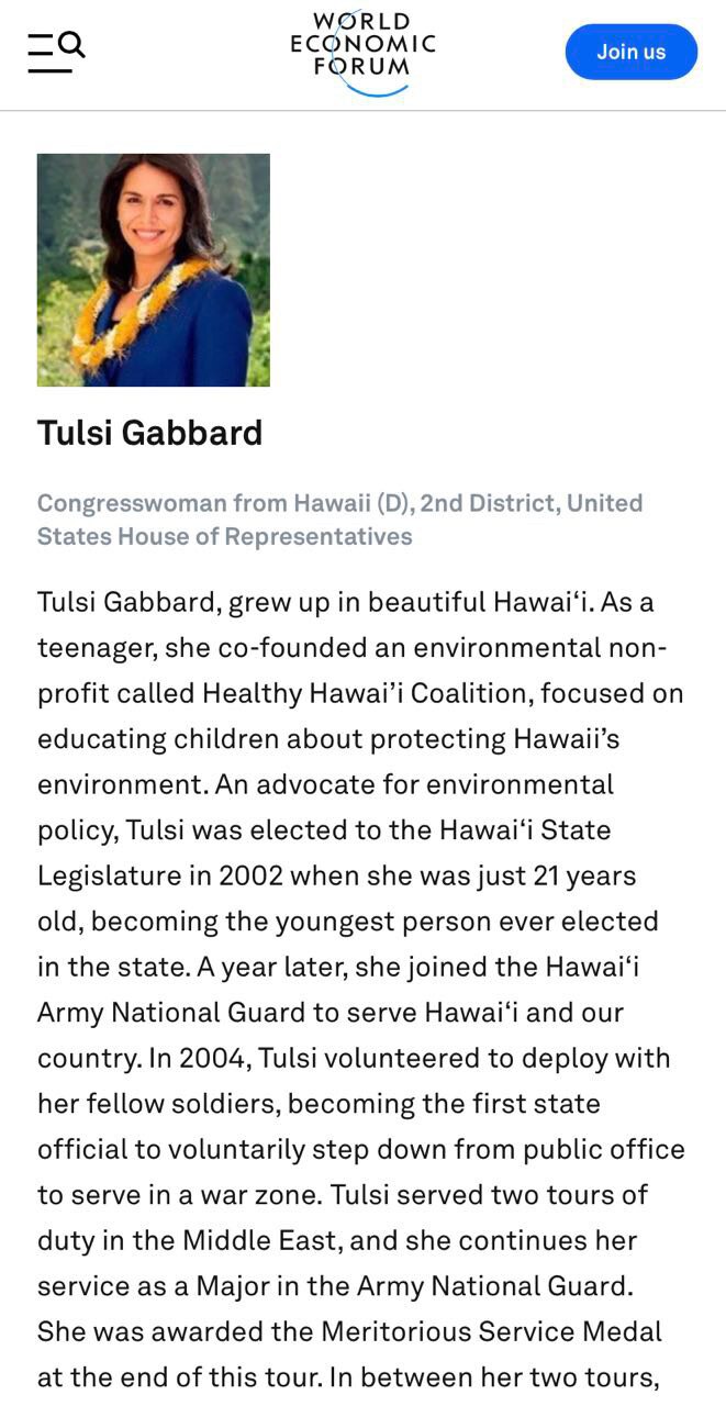 Tulsi may talk a LOT of sense.

But we need to be MINDFUL.

The ‘young leaders of the WEF’ are hardl...