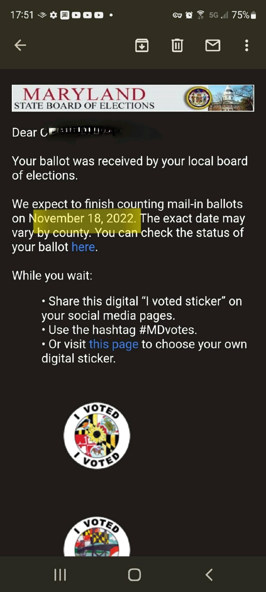 Dropped my ballot in a dropbox on election day.  See email notification below.  This is embarrassing...