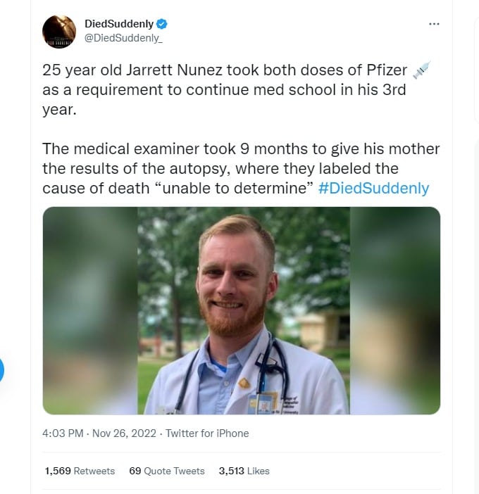 💥 25yo medical student Jarrett Nunez (Iowa, US) took two doses of Pfizer as a requirement to contin...