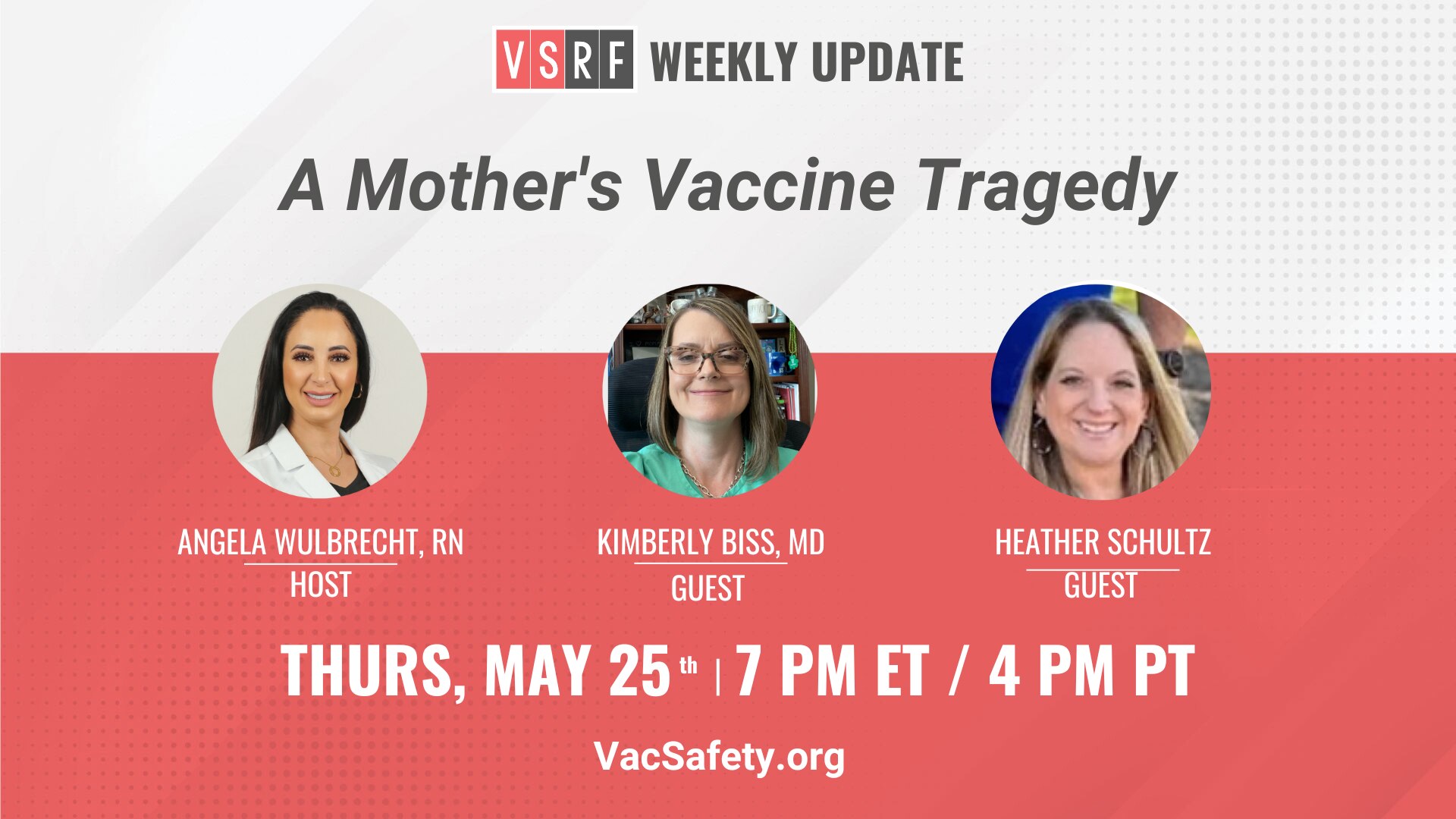 📣 Tomorrow Nurse Heather shares her heartbreaking story of losing her baby girl post-Covid vaccine. OBGYN Dr. Kimberly Biss joins too, shedding light on vaccine effects on maternal health, reproduction, & fertility.💉

Thursday, May 25
7pm ET
Register at VacSafety.org