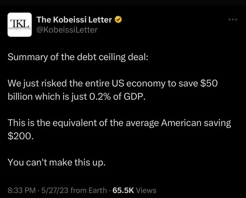 This Sums Up This Catastrophic Deal 

https://twitter.com/kobeissiletter/status/1662663460042203136?...